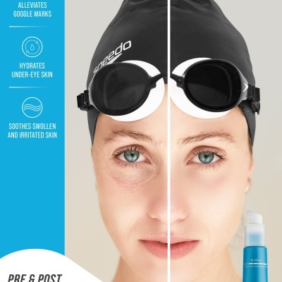 Antes e depois no rosto de mulher com touca e óculos de natação mostrando efeitos do gel para olhos