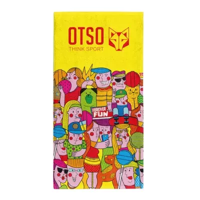 Toalha amarela para desporto com padrões coloridos de pessoas estilizadas e texto OTSO THINK SPORT