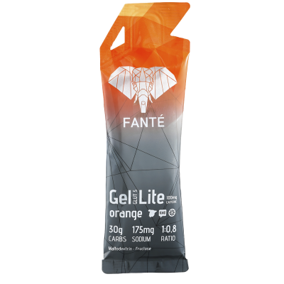 Embalagem de gel energético Fanté Gel Lite sabor laranja com elefante estilizado