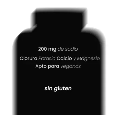 Frasco preto com texto em espanhol sobre minerais e dietas veganas, sem glúten.