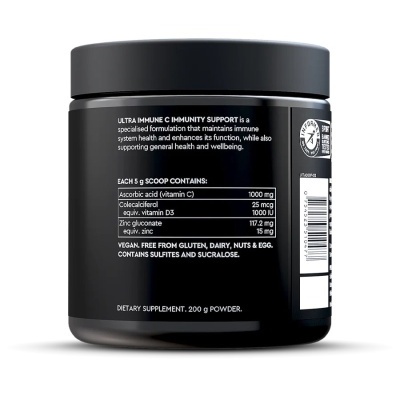 frasco preto de suplemento alimentar com texto branco detalhado na embalagem