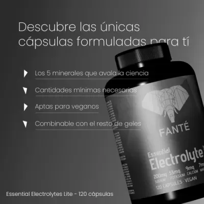 frasco preto de suplemento Essential Electrolytes Lite da FANTÉ com elefante e cápsulas, texto em espanhol