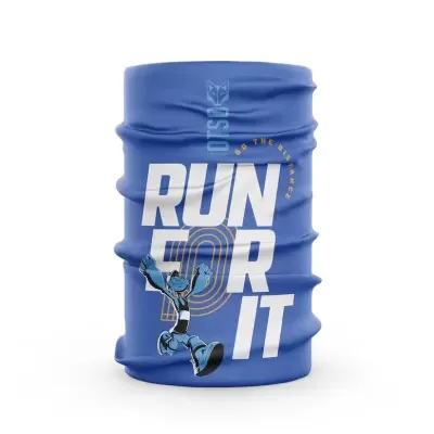 Cachecol tubular azul com texto e imagem de robô corredor