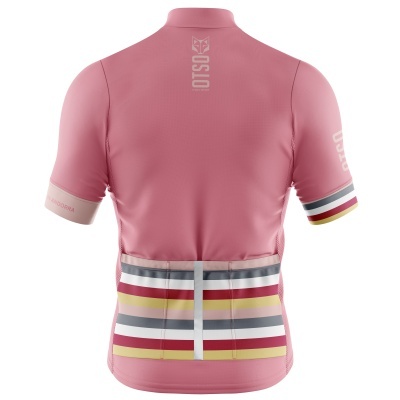 Camisola de ciclismo rosa com bolsos listrados e texto OSLO e NOSA