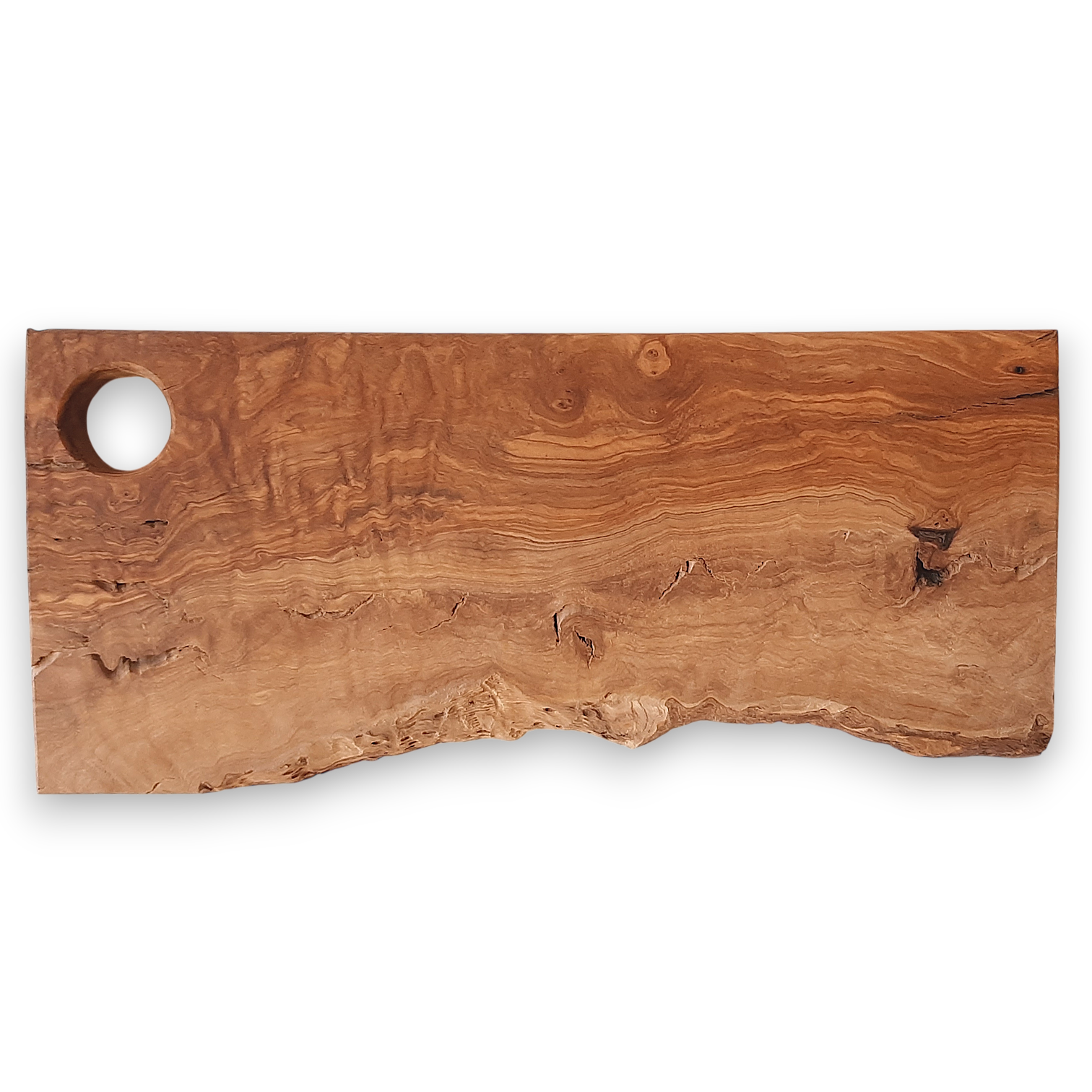 Tábua Irregular em Oliveira (39,5x17,5x2,5cm) Tábua de madeira retangular com furo circular e textura natural