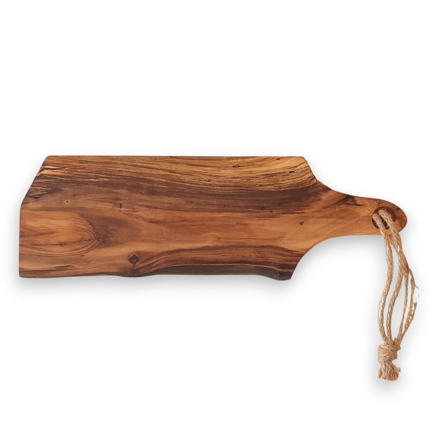 Tábua Irregular em Oliveira (31,5x10x1,7 cm) Tábua de cortar em madeira natural com cabo e cordão de sisal