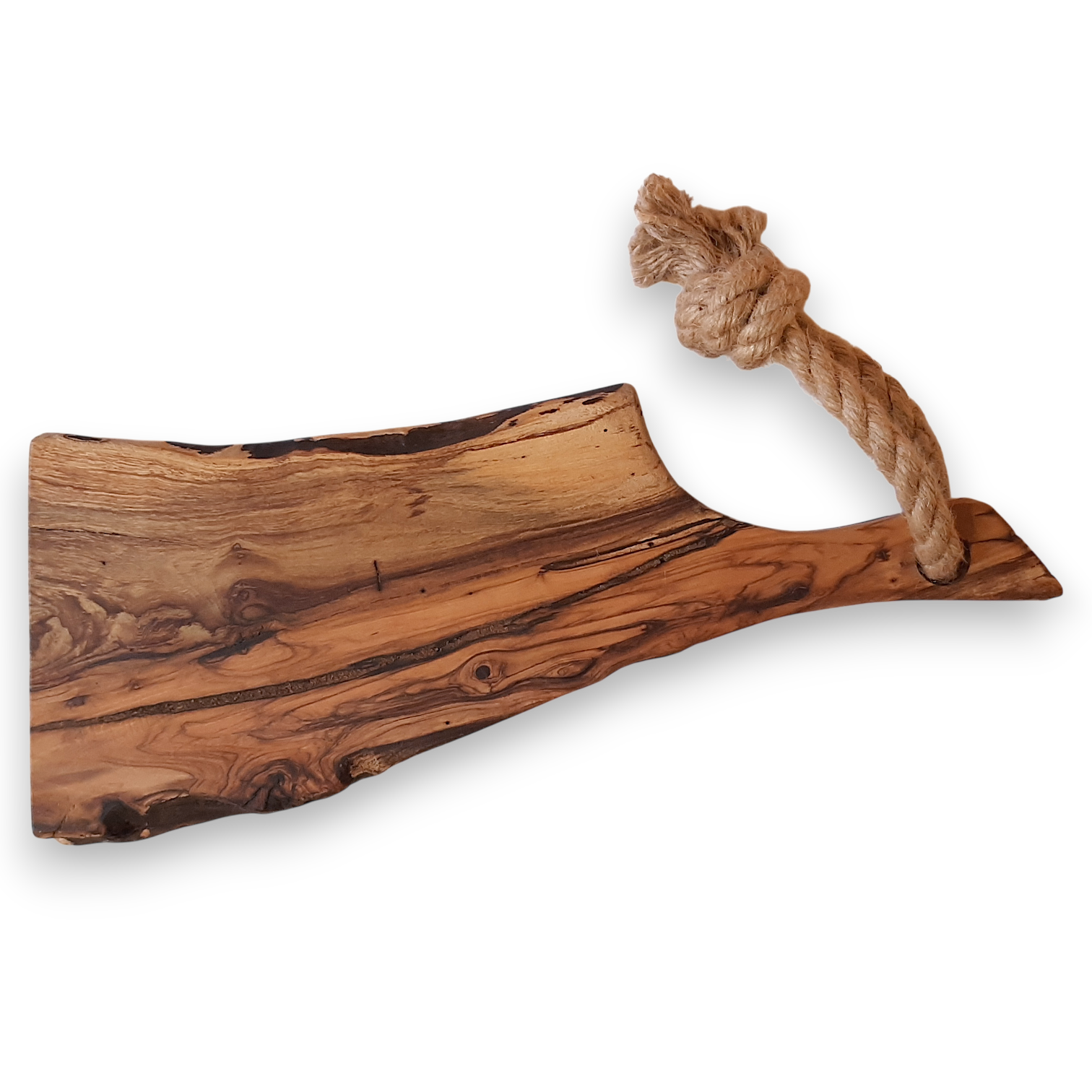 Tábua Irregular em Oliveira (40,5x17x2cm) Tábua de corte de madeira com cabo e corda rústica