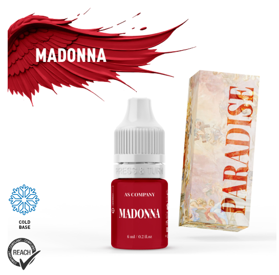 Pigmento Labial Madonna - Linha Paradise 6ml – AS Company Frasco de produto vermelho com embalagem artística e asas vermelhas ao fundo.