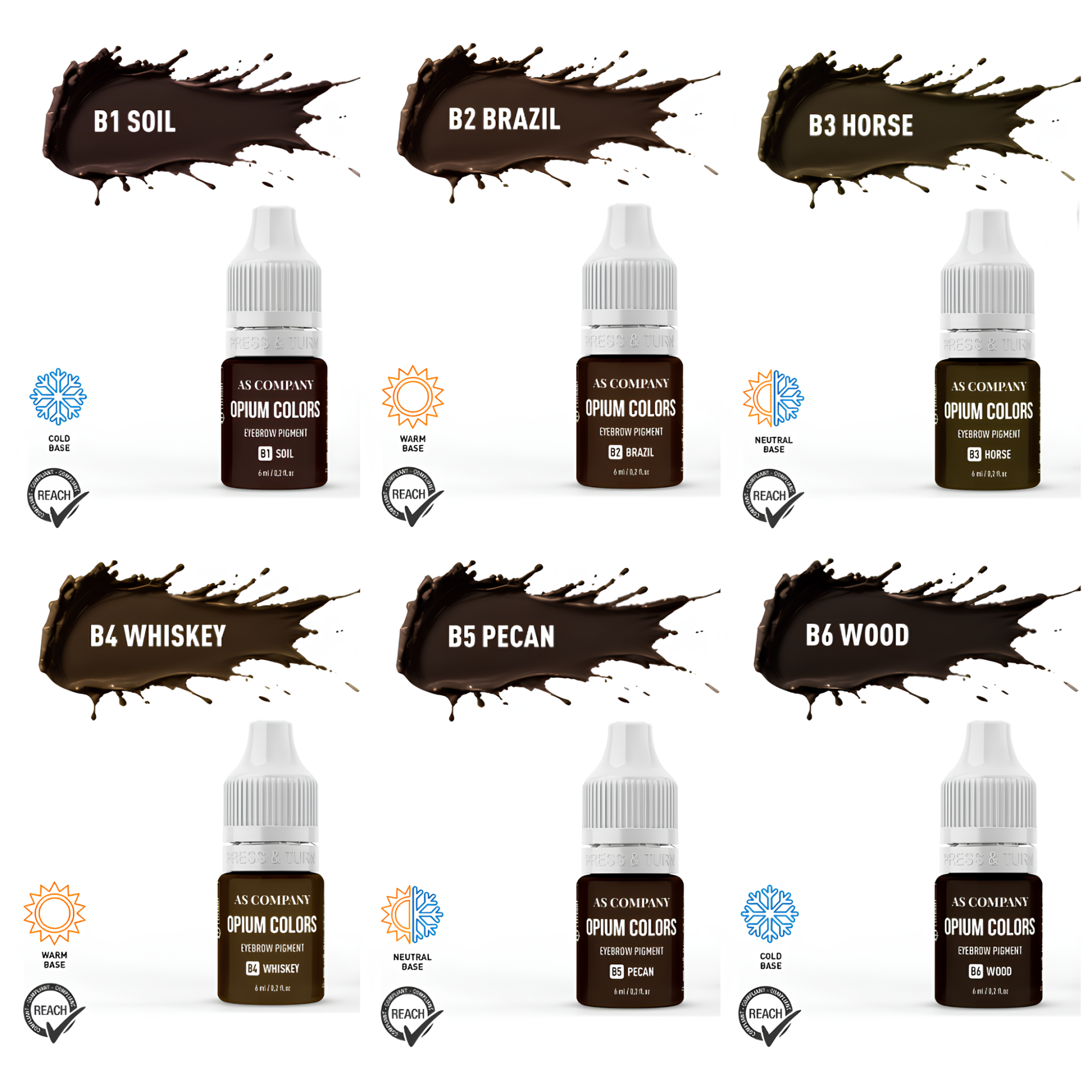 Pigmentos Híbridos Opium Colors Sobrancelhas 6 ml – AS Company Seis frascos pequenos de tinta para modelismo com nomes e ícones de resistência e textura