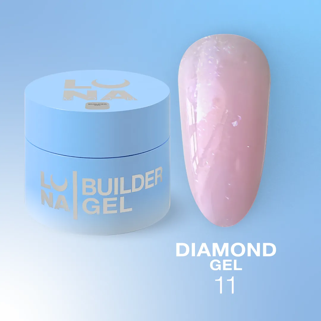 Diamond Gel Nº11 – Gel Construção Rosa Glitter Holográfico – 15 ml LUNAmoon Embalagem azul de gel para unhas e amostra de unha rosa brilhante