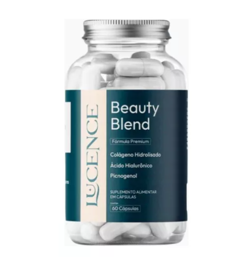 Vitamina Beauty Blend Hidratação Firmeza De Dentro Para Fora Lucence Frasco transparente com cápsulas brancas e rótulo azul e bege de suplemento Beauty Blend