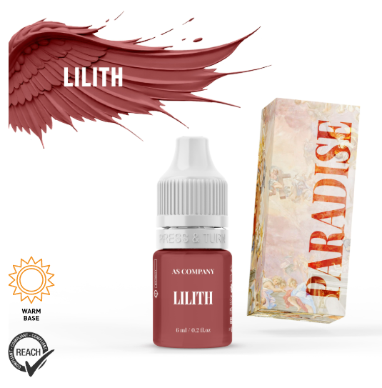 Pigmento Labial Lilith - Linha Paradise 6ml – AS Company Frasco cosmético vermelho com caixa decorativa branca e texto Paradise