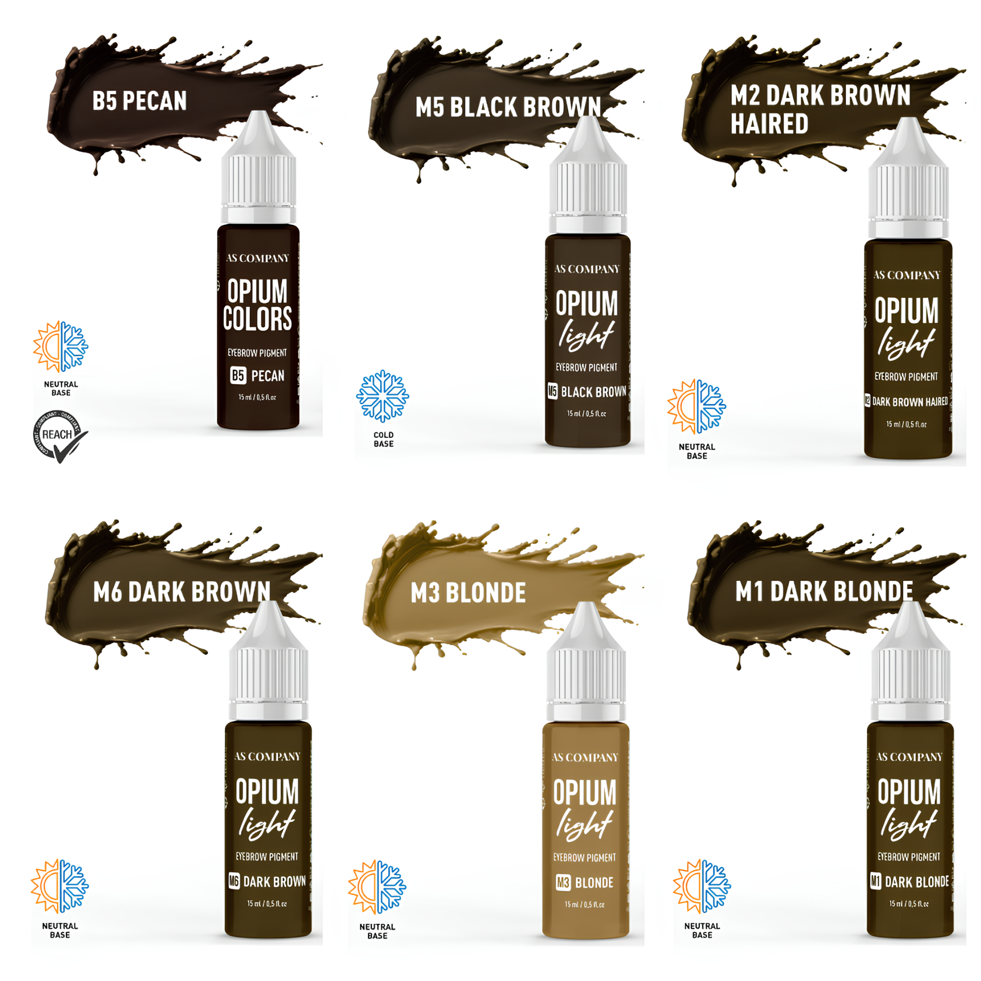 Pigmentos Híbridos Opium Light Sobrancelhas 6 ou 15ml – AS Company Frascos de tinta para sobrancelhas em várias cores com gotas de tinta ao fundo