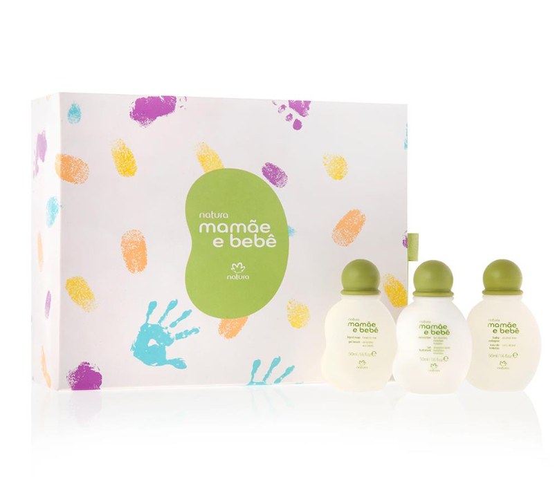💥 EM ALTA: Kit Caixa de Descoberta da Mãe e do Bebé - PRÉ-VENDA📍 Conjunto Natura Mamãe e Bebê com três frascos brancos e caixa decorada
