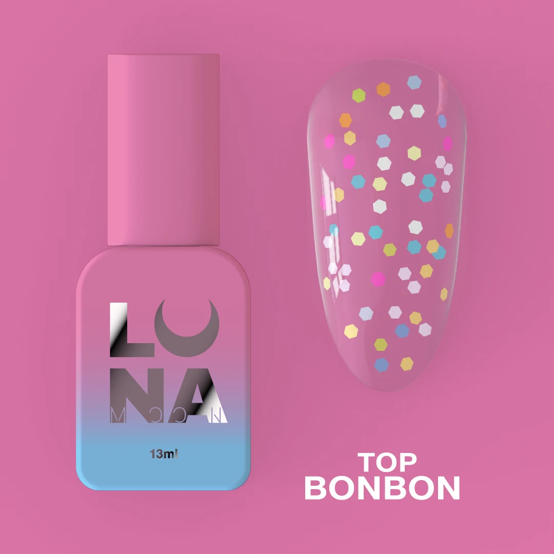 Top Coat Bonbon Sem Goma – 13 ml LUNAmoon Verniz de unhas rosa e azul com amostra decorada e texto 'TOP BONBON'