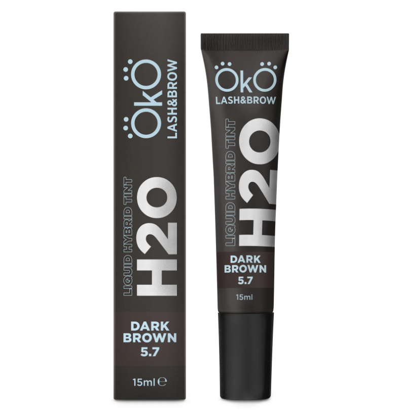 OkO lash&brow Tintura Híbrida Líquida H2O Castanho Escuro 15ml Tubo e caixa do produto ÖKO LASH&BROW H2O líquido tintura castanho escuro 15ml