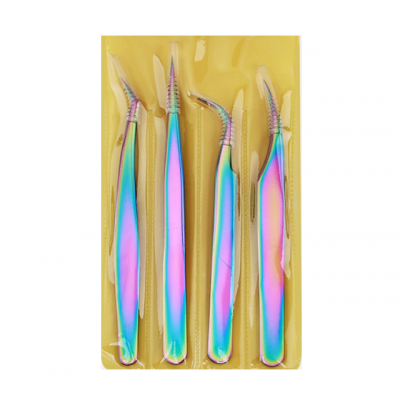Kit 4 Pinças Aço Inoxidável Holográficas