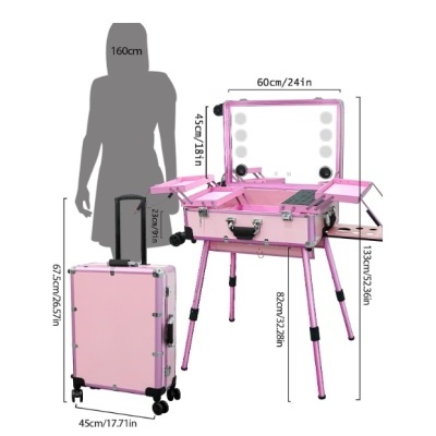 🌸 Mala Trolley Rosa Camarim Profissional com Luzes LED Bluetooth