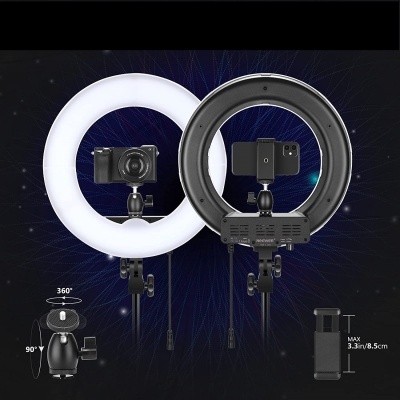 Iluminação circular LED com câmaras num fundo escuro