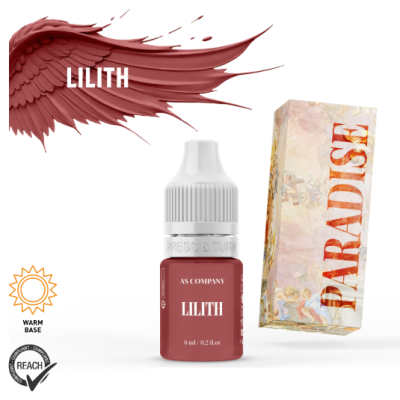 Frasco cosmético vermelho com caixa decorativa branca e texto Paradise