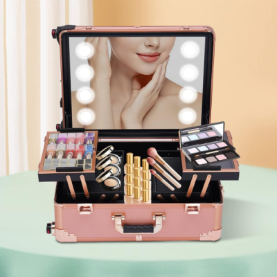 Mala Trolley Camarim Profissional com Luzes LED - Cor Rosa Gold