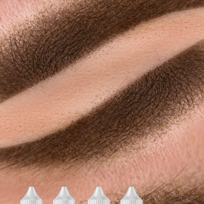 Frascos de pigmento para sobrancelhas de várias cores em fundo de sobrancelha maquiada