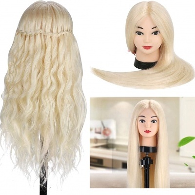 Cabeça de Manequim 60cm com 70% Cabelo Real com Suporte de Mesa + Acessórios