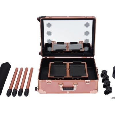 Mala Trolley Camarim Profissional com Luzes LED - Cor Rosa Gold