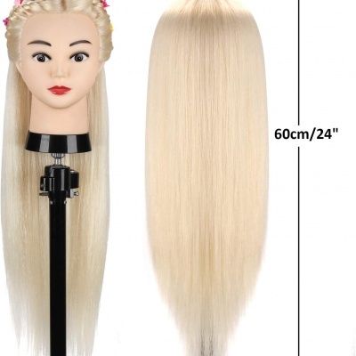 Cabeça de Manequim 60cm com 70% Cabelo Real com Suporte de Mesa + Acessórios