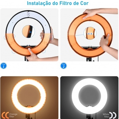 Anel de luz com filtros de cor laranja e branco, mostrando instalação e efeitos de luz