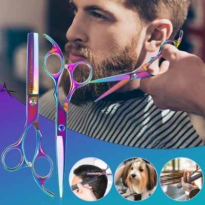 Kit Tesouras Holográficas de Cabeleireiro Barbeiro 6 Peças