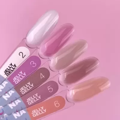 Amostras de verniz gel para unhas em tons pastel numeradas e rotuladas.