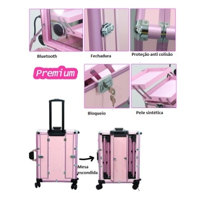 🌸 Mala Trolley Rosa Camarim Profissional com Luzes LED Bluetooth