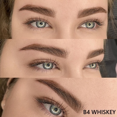 Olhos azuis com sobrancelhas espessas em três ângulos diferentes e texto B4 WHISKEY