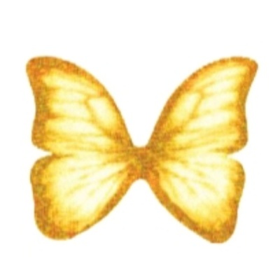 Borboleta artificial amarela e dourada com asas brilhantes sobre fundo branco