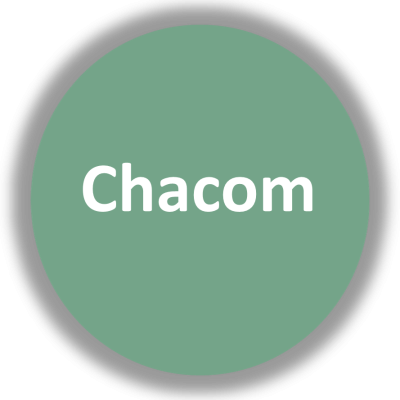 Círculo verde com texto branco 'Chacom'