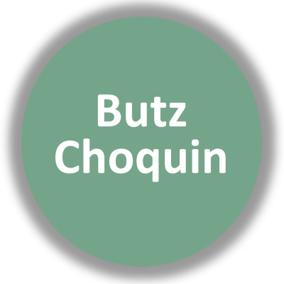 Círculo verde com texto branco 'Butz Choquin'