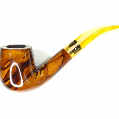Cachimbo de fumar em madeira castanha marmoreada com bocal amarelo translúcido