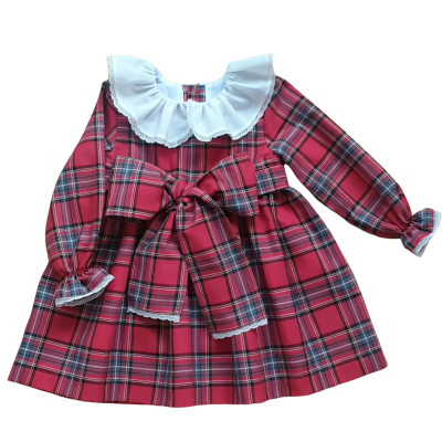Vestido infantil táxi rosa xadrez com gola branca e laço na cintura
