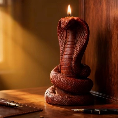 Vela em forma de cobra castanha com chama acesa sobre mesa de madeira