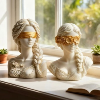 Duas esculturas busto femininas com vendas douradas nos olhos numa janela iluminada