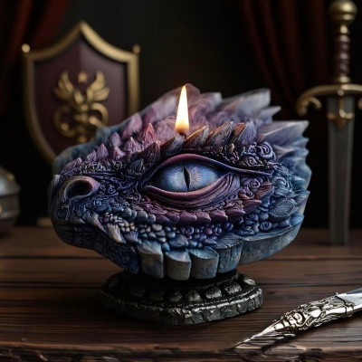 Vela decorativa em forma de cabeça de dragão azul acesa sobre base preta numa mesa de madeira