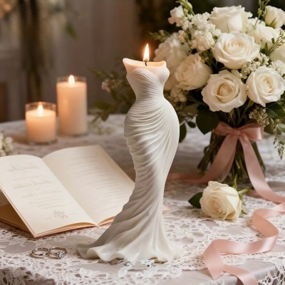 Vela decorativa em forma de vestido branco, com flores brancas e objectos de casamento