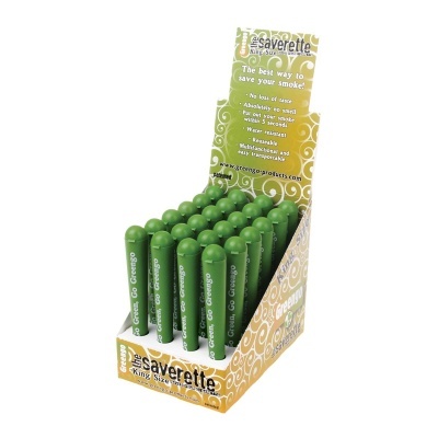 Expositor de tubos verdes para tabaco com texto promocional