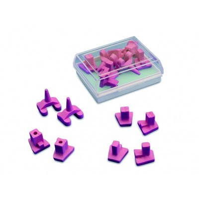 Peças de plástico rosa e lilás com caixa transparente