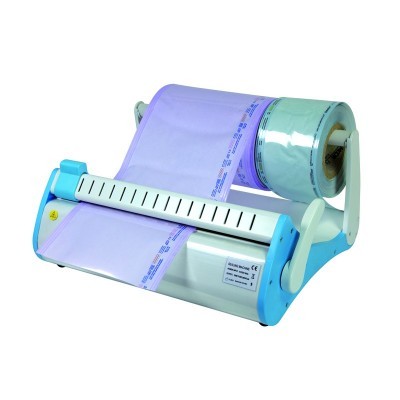 Máquina automática de selagem para sacos plásticos azul e lilás com estrutura branca e azul