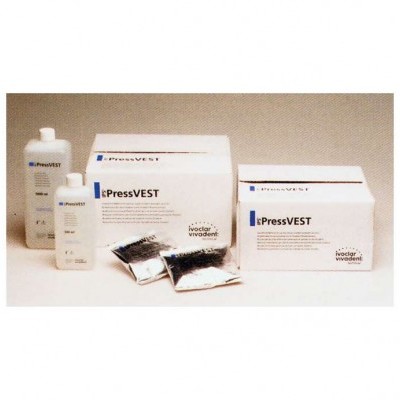 Produtos PressVEST Ivoclar Vivadent em embalagem branca, com pó preto e garrafas brancas