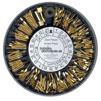 Conjunto circular de parafusos dourados organizados num estojo preto com rótulo branco no centro.