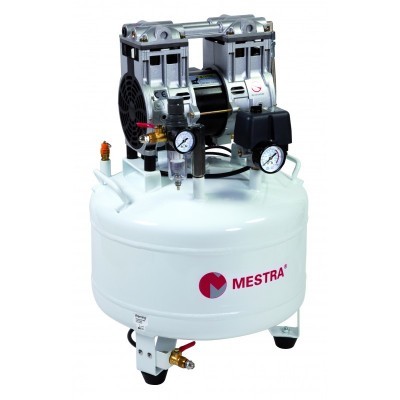 compressor de ar MESTRA branco com manómetros e suporte de quatro pés