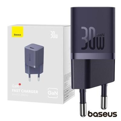 Carregador Baseus rápido 30W preto com plugue europeu e embalagem branca